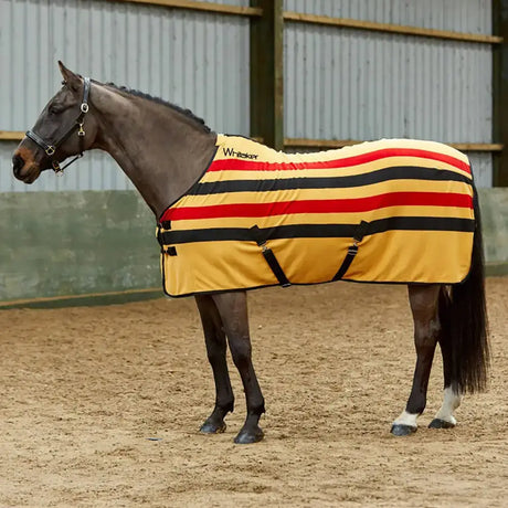 Yellow whitaker r404 fleece stripe rug with bold red and black stripes and whisker logo for equestrian horses