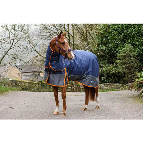 Blue and gray whitaker r444 rastrick v2 250g combo turnout rug with orange trim for all weather use