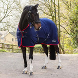 Navy blue whitaker rastrick fleece rug v2 with red trim black buckles and branded logo on the side