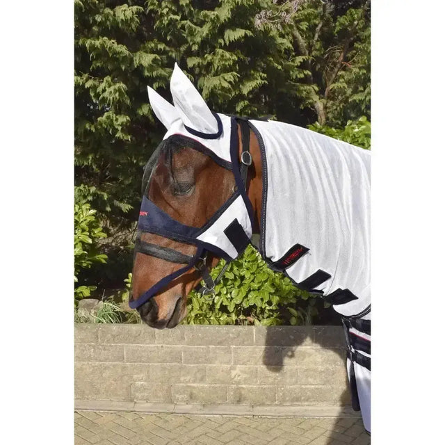 White mesh whitaker rastrick fly face shield with navy trim and black accents made from fine gauge mesh for horses