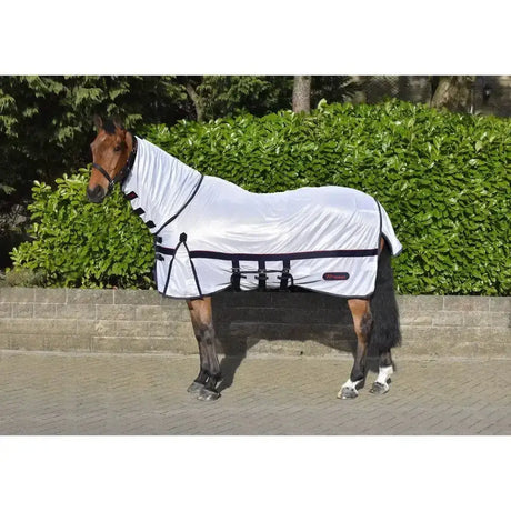 White horse wearing whitaker rastrick fly rug mesh with black trim adjustable straps and belly flap for fly protection