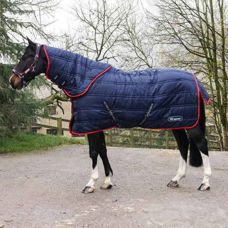 Navy blue quilted whitaker rastrick v2 detachable neck combo stable rug with red trim and winston logo 250gm