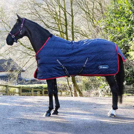 Navy blue quilted rastrick stable rug with red trim black straps and whisker logo whitaker rastrick stable standard neck 200gm