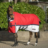 Red and white whitaker rastrick turnout rug with black trim, striped neck cover, and adjustable straps for airflow combo