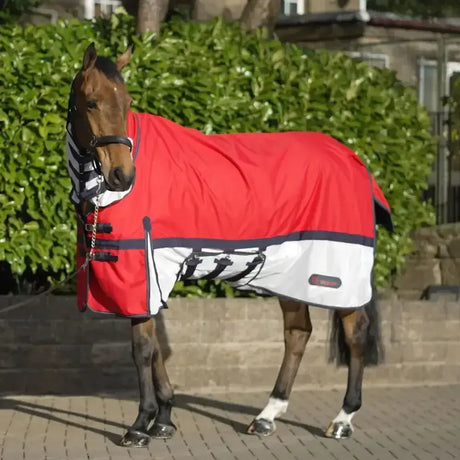 Red and white whitaker rastrick turnout rug with black trim, striped neck cover, and adjustable straps for airflow combo