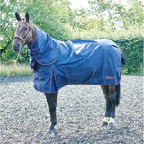Navy blue whitaker rastrick turnout rug with purple trim and adjustable straps in waterproof detachable neck design