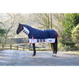Navy and white whitaker r462 rastrick airflow fixed neck turnout rug with red trim and black buckles by wessex