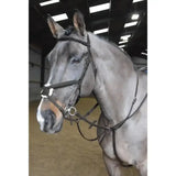 A sleek black leather whitaker ready ride martingale with silver hardware padded noseband and embossed branded logo