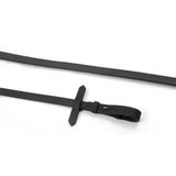Black leather whitaker ready to ride rubber reins with cross shaped handle and raised dotted grip buckle