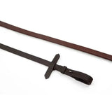 Brown leather whitaker ready rubber reins with raised dotted grip and black cross-shaped handle and buckle