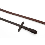 Brown leather whitaker ready rubber reins with raised dotted grip and black cross-shaped handle and buckle