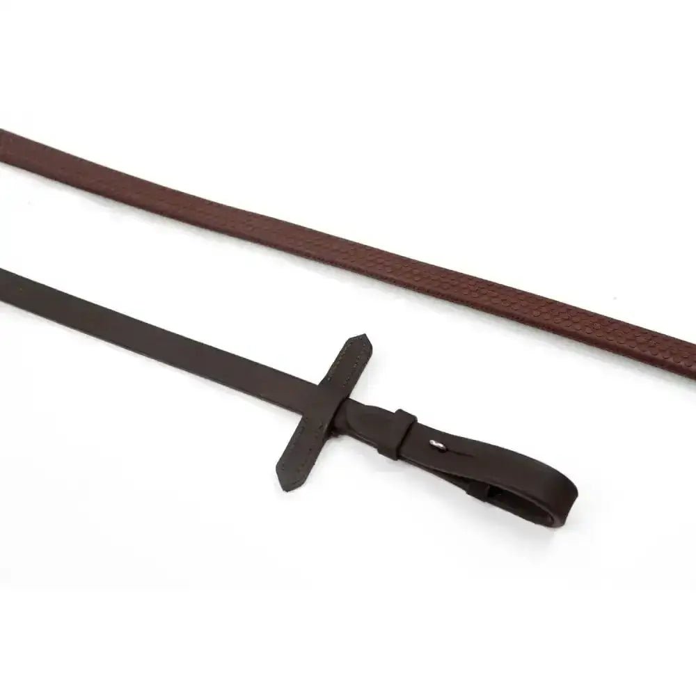 Brown leather whitaker ready rubber reins with black cross handle and buckle featuring raised dotted grip