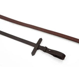 Brown leather whitaker ready rubber reins with black cross handle and buckle featuring raised dotted grip