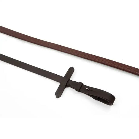 Brown leather whitaker ready rubber reins with black cross handle and buckle featuring raised dotted grip