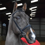 A sleek black leather whitaker ready to ride snaffle bridle with polished metal hardware and pre-oiled leather