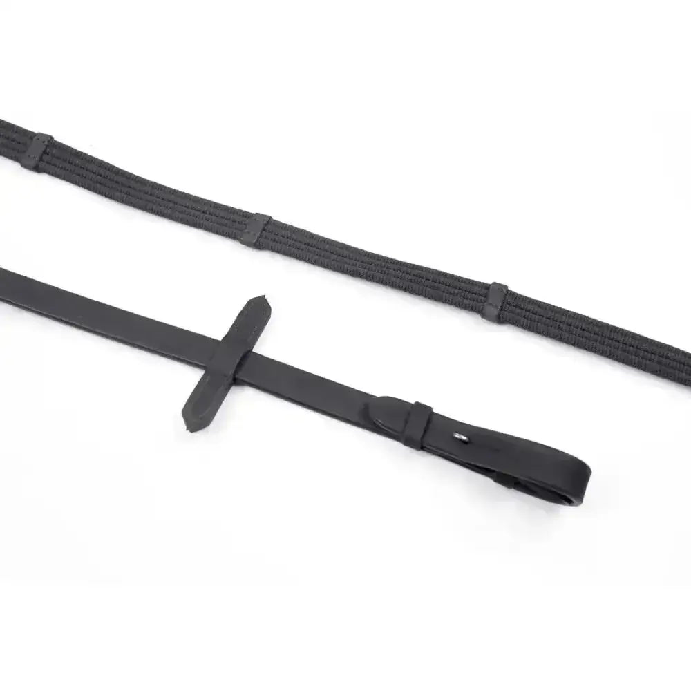 Black leather Whitaker ready to ride webbed reins with cross buckle, crack resistant leather, and flexible canvas grip