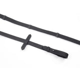 Black leather Whitaker ready to ride webbed reins with crack resistant leather, cross buckle, and flexible canvas grip ends