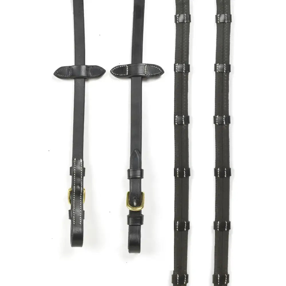 Whitaker RER0101 buckle black leather reins with 9 loops gold-tone buckles white stitching and rubber grip buckle detail