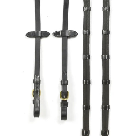 Whitaker RER0101 buckle black leather reins with 9 loops gold-tone buckles white stitching and rubber grip buckle detail