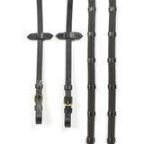 Whitaker rer0101 buckle black leather reins with 9 loops white stitching and gold tone rubber grip buckle