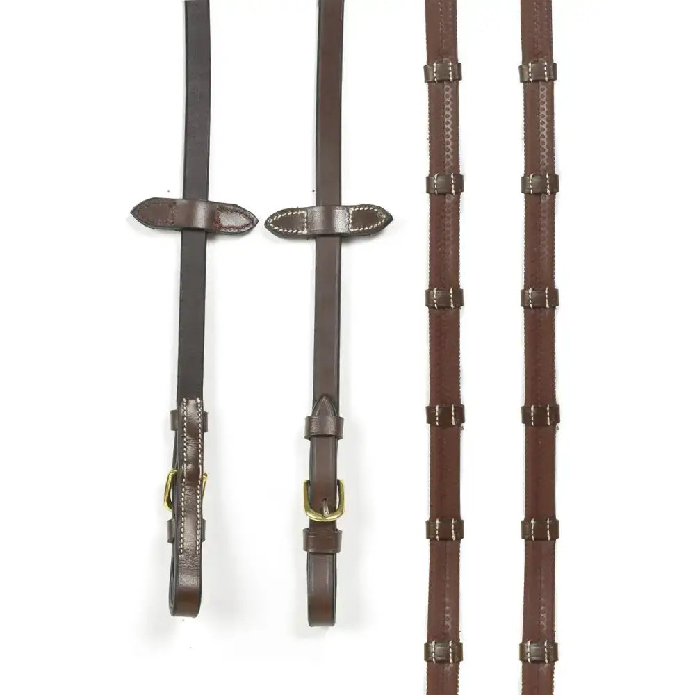 Brown leather whitaker rer0101 buckle 9-loop reins havana with brass buckles and stitched leather loops detail