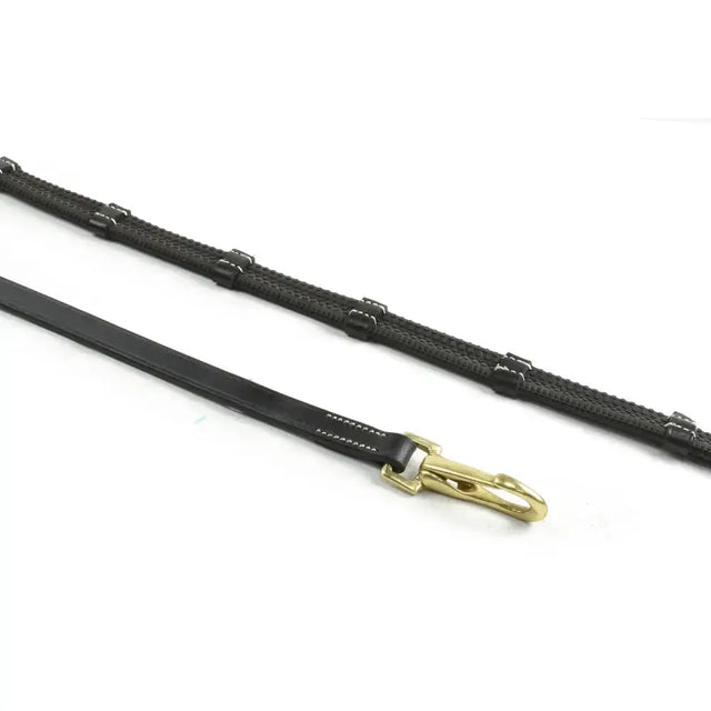 Black leather reins with braided texture and gold tone hardware whitaker rer0103 snap clip 9 loop reins black