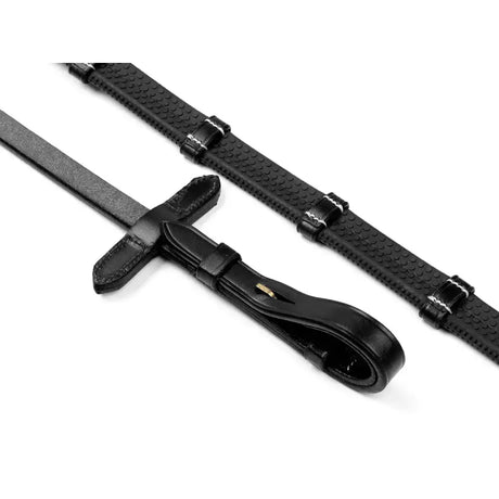 Whitaker rer052 valência black leather reins with textured leather stoppers and silver metal buckles for control