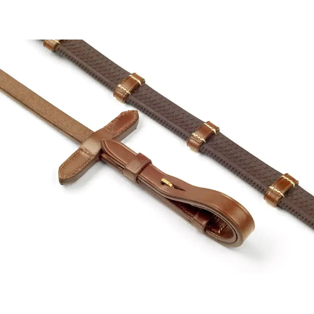 Whitaker rer052 valencia tan leather reins with textured pattern and brass hardware designed for stoppers use