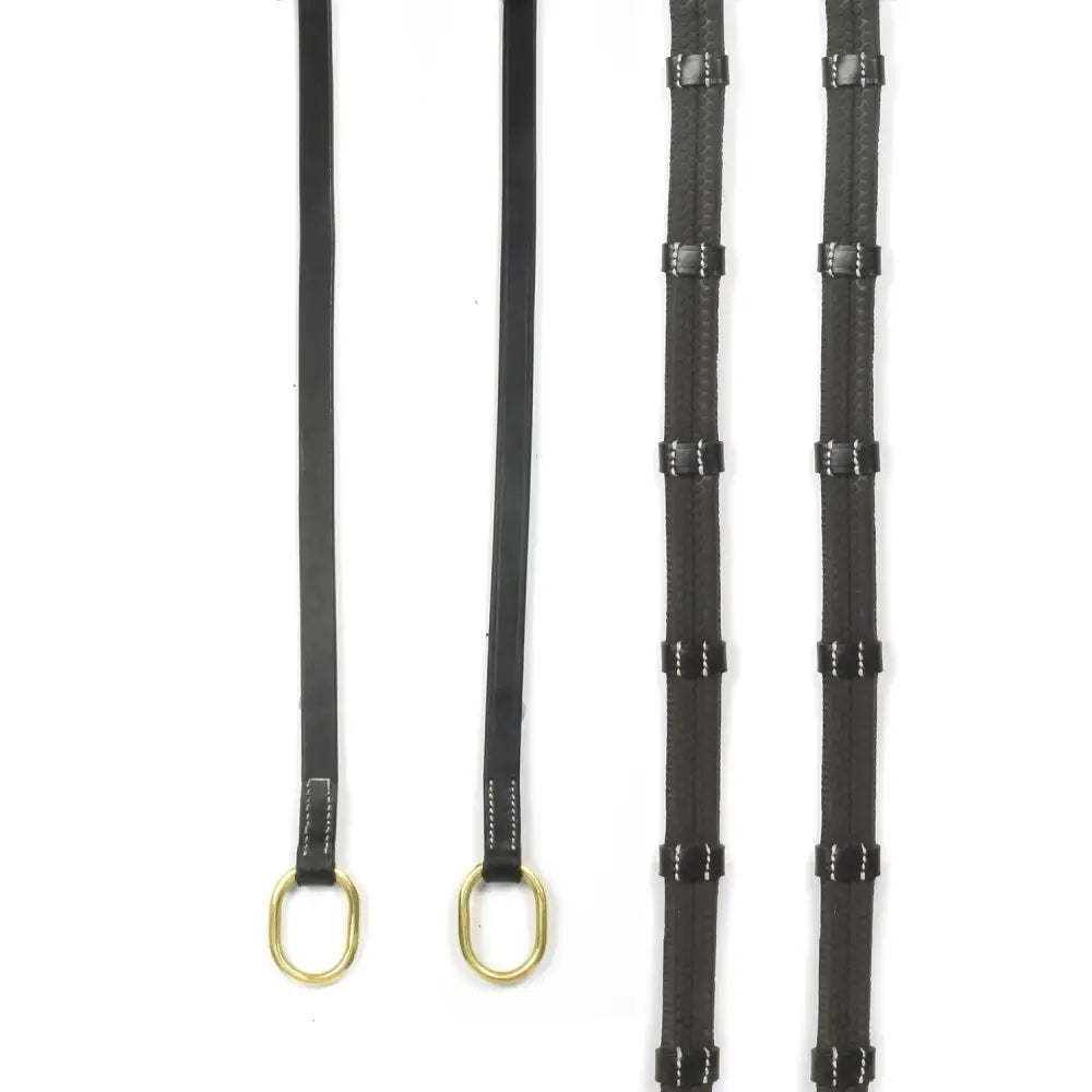 Black leather whitaker rer102 oblong 9-loop reins with gold metal rings and white stitching for horse riding