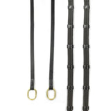 Black leather whitaker rer102 oblong 9-loop reins with gold metal rings and white stitching for horse riding