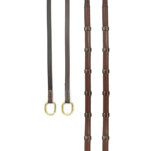 Brown leather whitaker rer102 oblong 9-loop reins with brass hardware and stitched detailing in havana color