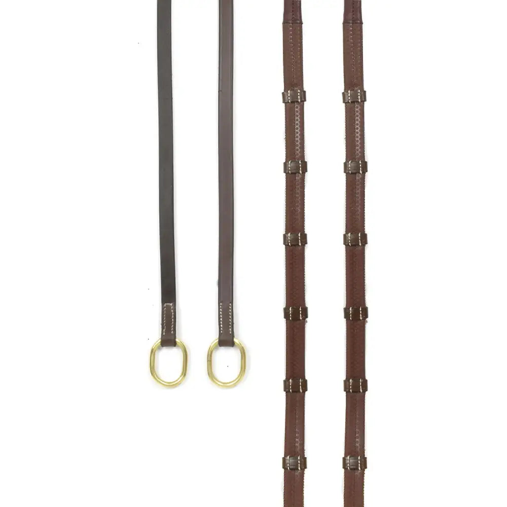 Brown leather horse reins with brass hardware and stitched details in whitaker rer102 oblong 9-loop reins havana style