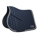 Navy blue quilted saddle pad with white stitched border and hex pattern from whitaker sc061 san francisco saddle line