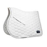 White quilted san francisco saddlepad with hex stitching silver satin binding whitaker sc061 and black brand label
