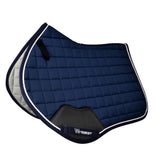 Navy blue quilted whitaker sc160 club close contact saddle pad with white piping and black mesh panel with logo strap
