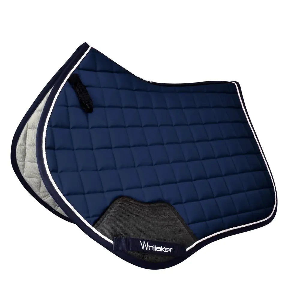 Navy blue quilted whitaker sc160 club close contact saddle pad with white piping black mesh front panel and logo strap