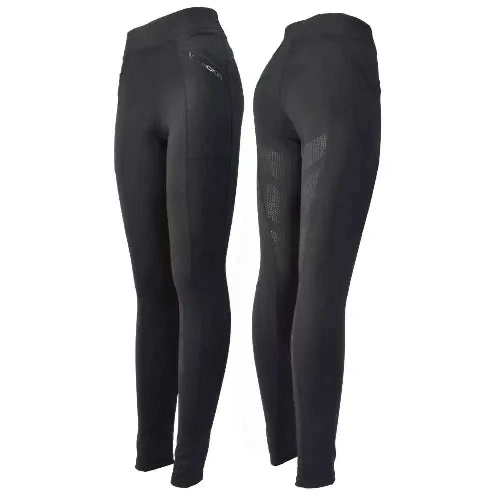 Black whitaker scholes riding tights with subtle gray thigh accents and comfort matte silicone printed seat