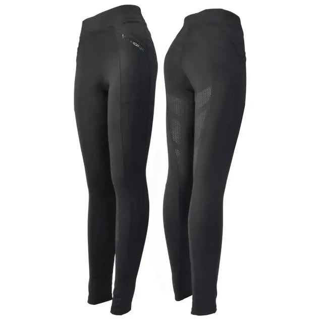 Black whitaker scholes riding tights with subtle gray thigh accents and comfort matte silicone printed seat