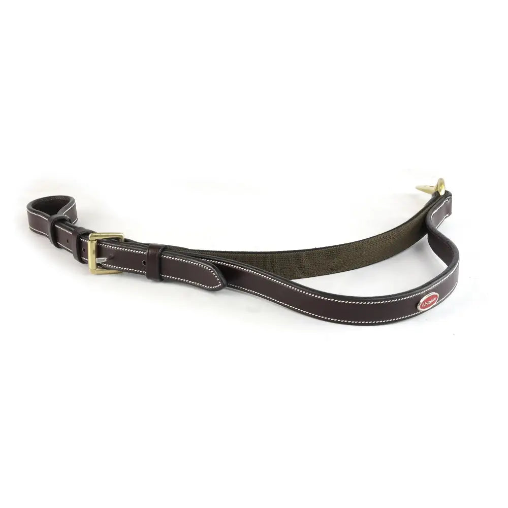 Brown leather rifle sling with white stitching and brass hardware for whitaker st standing attachment equestrian use