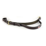 Brown leather rifle sling with white stitching and brass hardware for whitaker st standing attachment equestrian use