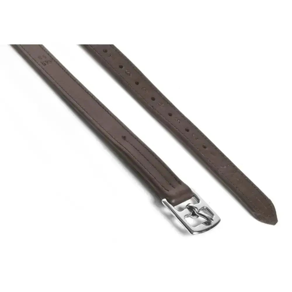 Brown whitaker stirrup leathers in bonded calfskin leather with silver steel roller buckles for durable use
