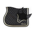 Black quilted saddle pad with gold trim and matching ear protector set by whitaker thornton fly veil black gold