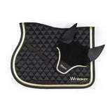 Black quilted saddle pad with gold trim and matching ear protector set by whitaker thornton fly veil black gold