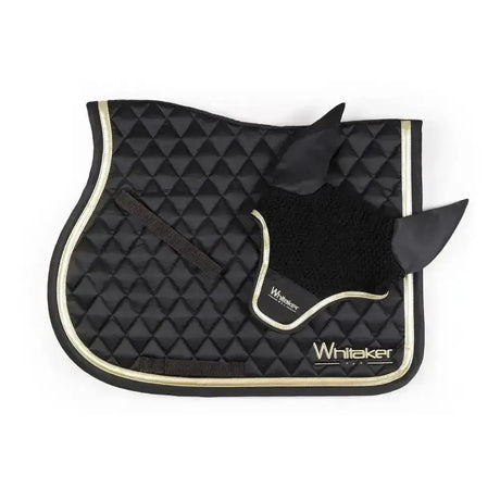 Black quilted saddle pad with gold trim and matching ear protector set by whitaker thornton fly veil black gold