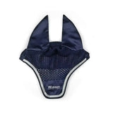 Navy blue mesh horse ear bonnet with satin trim and reflective silver piping from whitaker thornton fly veil navy silver