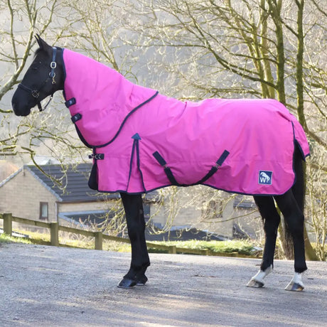 Bright pink whitaker whr12 turnout rug combo 150gm pink with black trim and adjustable straps for lightweight use
