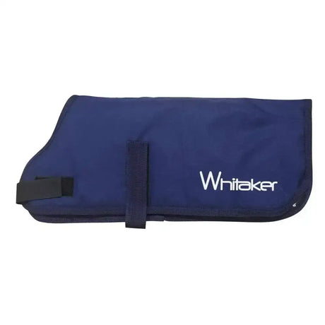 Navy blue whitaker weir dog coat with black strap closures and reflective branded logo for outdoor use