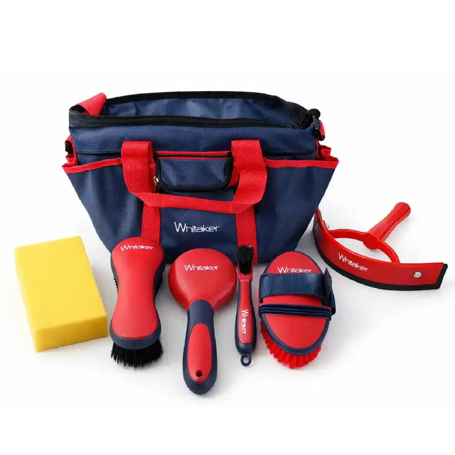 Red and navy blue whitaker wilshaw grooming kit with brushes sponge and hoof pick for easy horse care