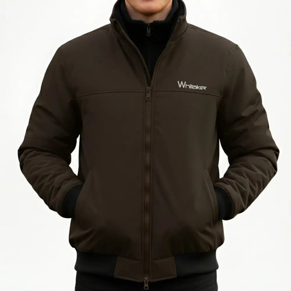 Dark brown whitaker wyke fleece lined smug jacket with black trim and subtle white logo on left chest