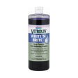A clear plastic bottle with white cap contains dark purple white n brite brite shampoo with optical brighteners for horses and dogs